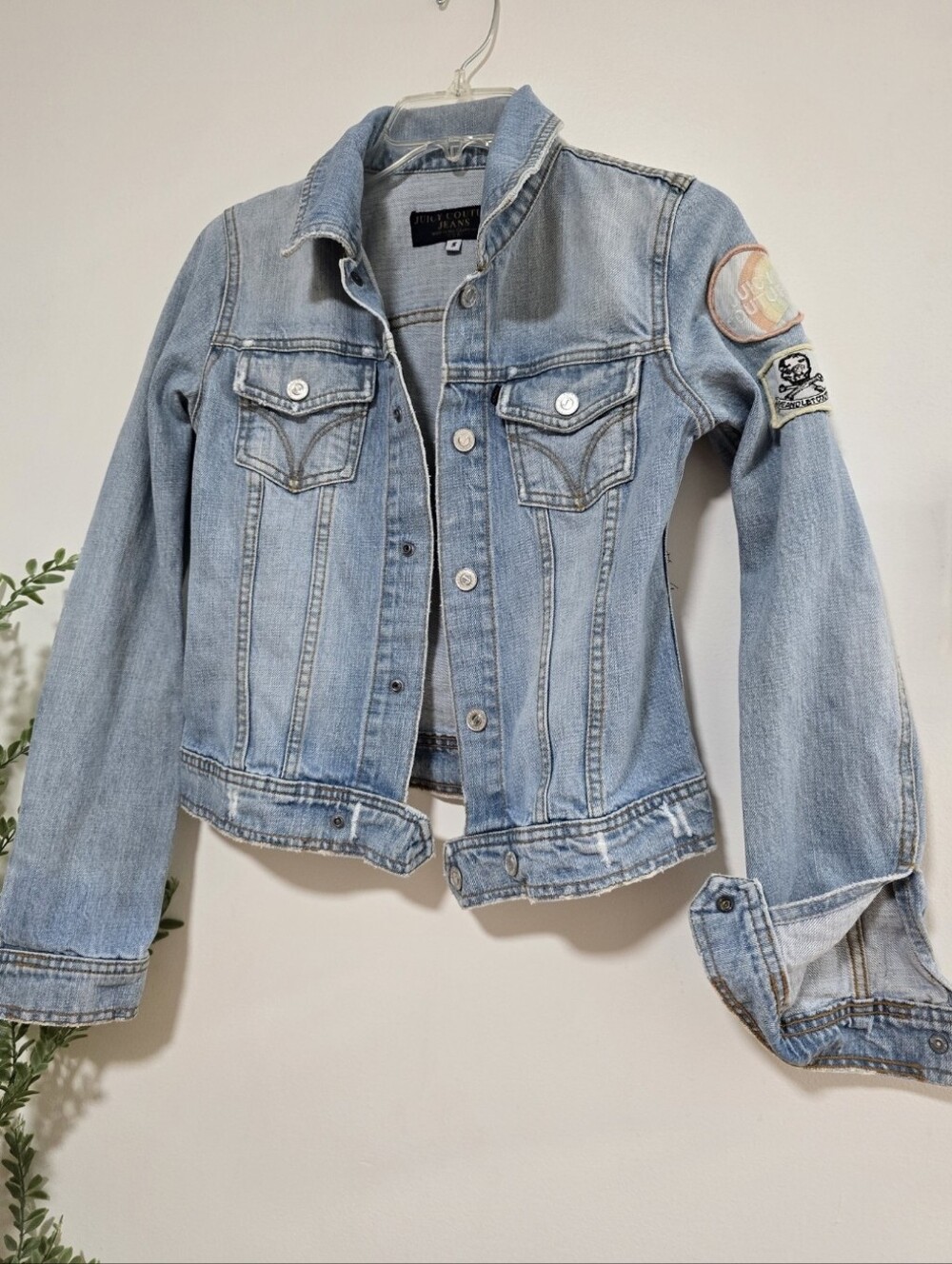 Vintage Juicy Couture Y2K Patch Denim Jacket Light Wash Distressed Size Small